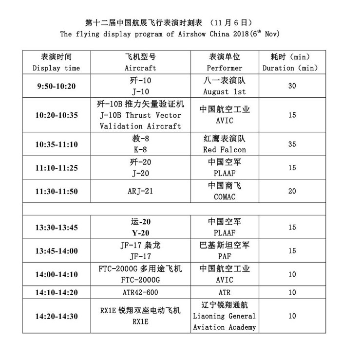 2018第十二届珠海航展的时间安排是怎样的,飞行表演节目表有吗?