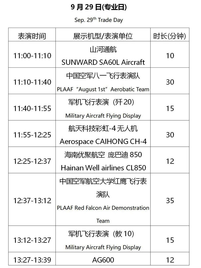 2021年第十三届珠海航展的表演内容及时间安排是什么样的,有没有时间表?