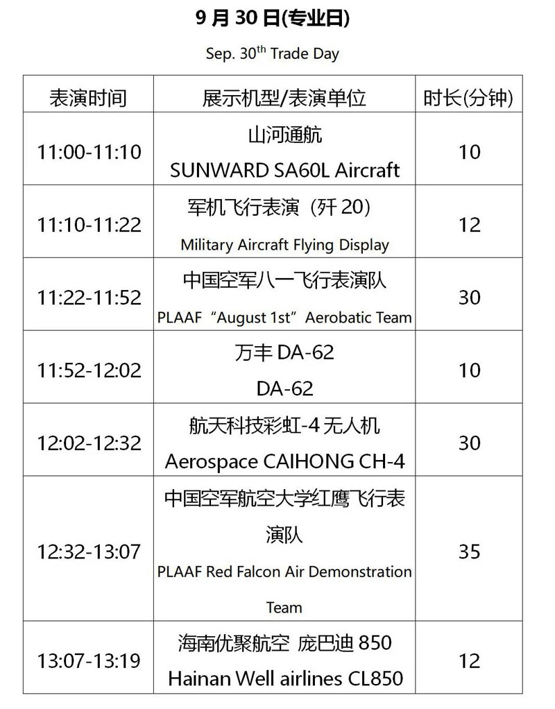 2021年第十三届珠海航展的表演内容及时间安排是什么样的,有没有时间表?