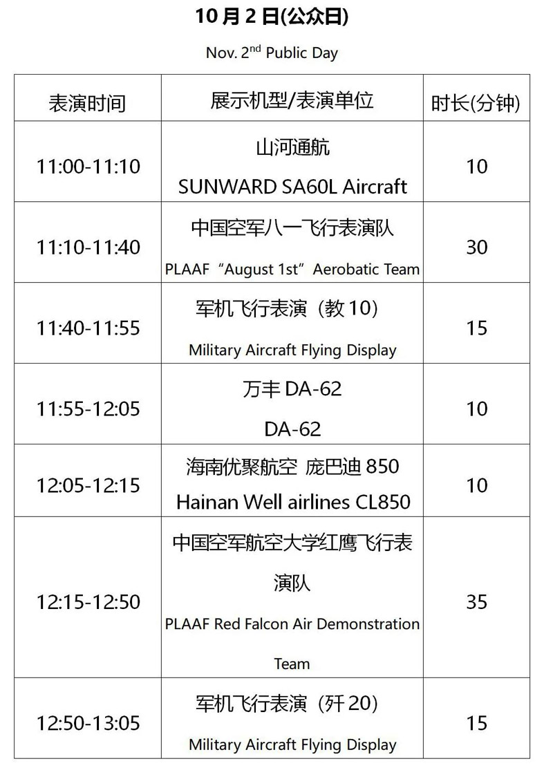 2021年第十三届珠海航展的表演内容及时间安排是什么样的,有没有时间表?