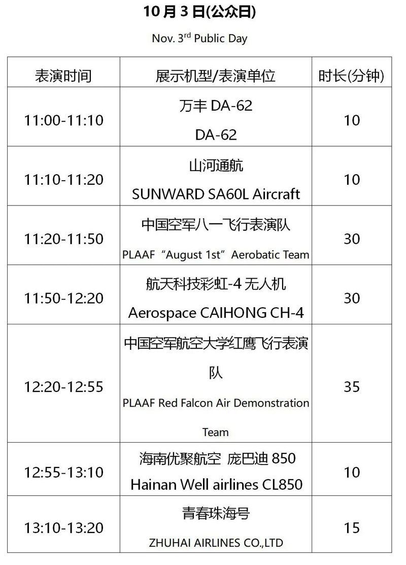 2021年第十三届珠海航展的表演内容及时间安排是什么样的,有没有时间表?